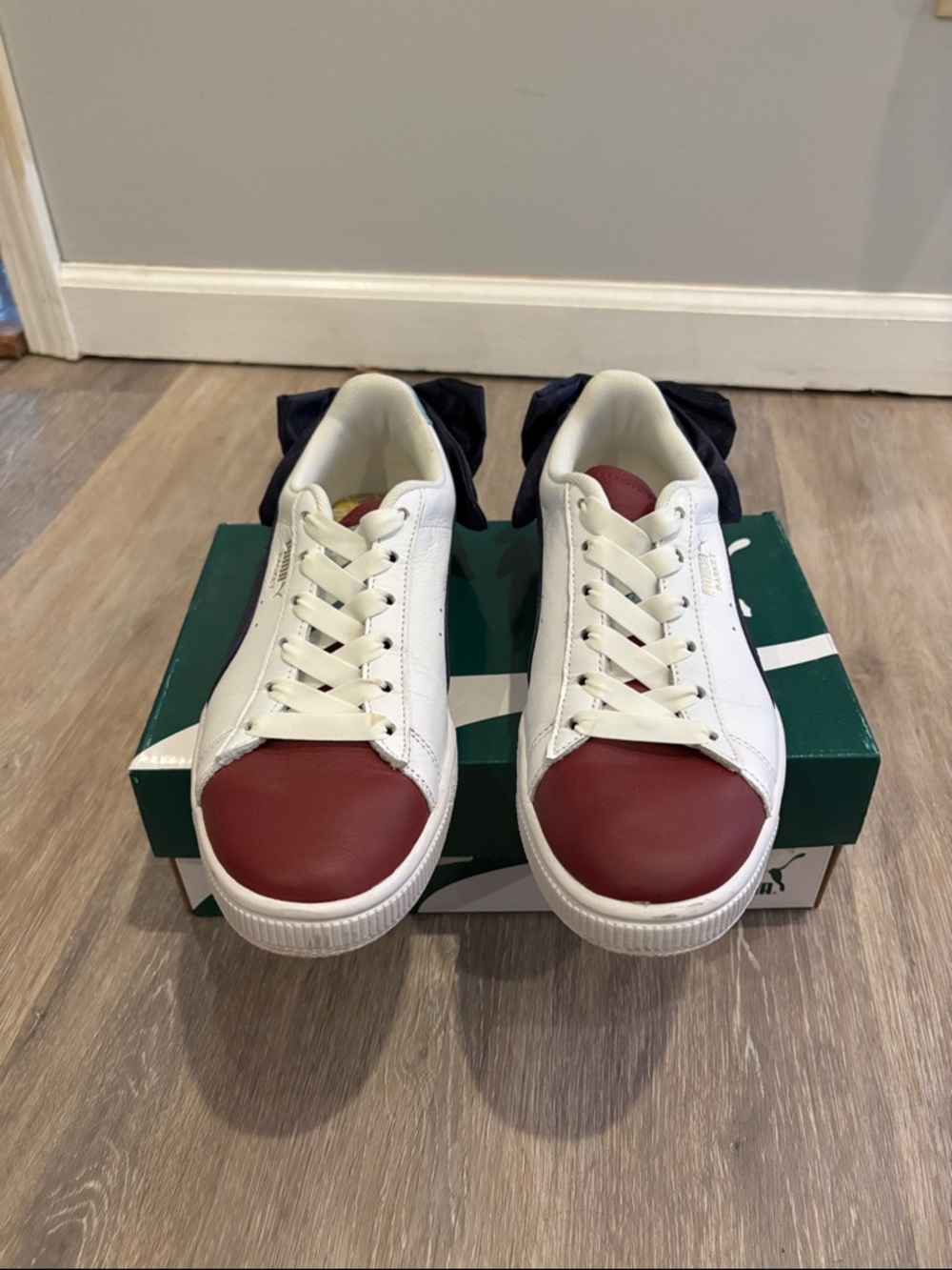 White Sneakers with Burgundy Toe and Navy Bow